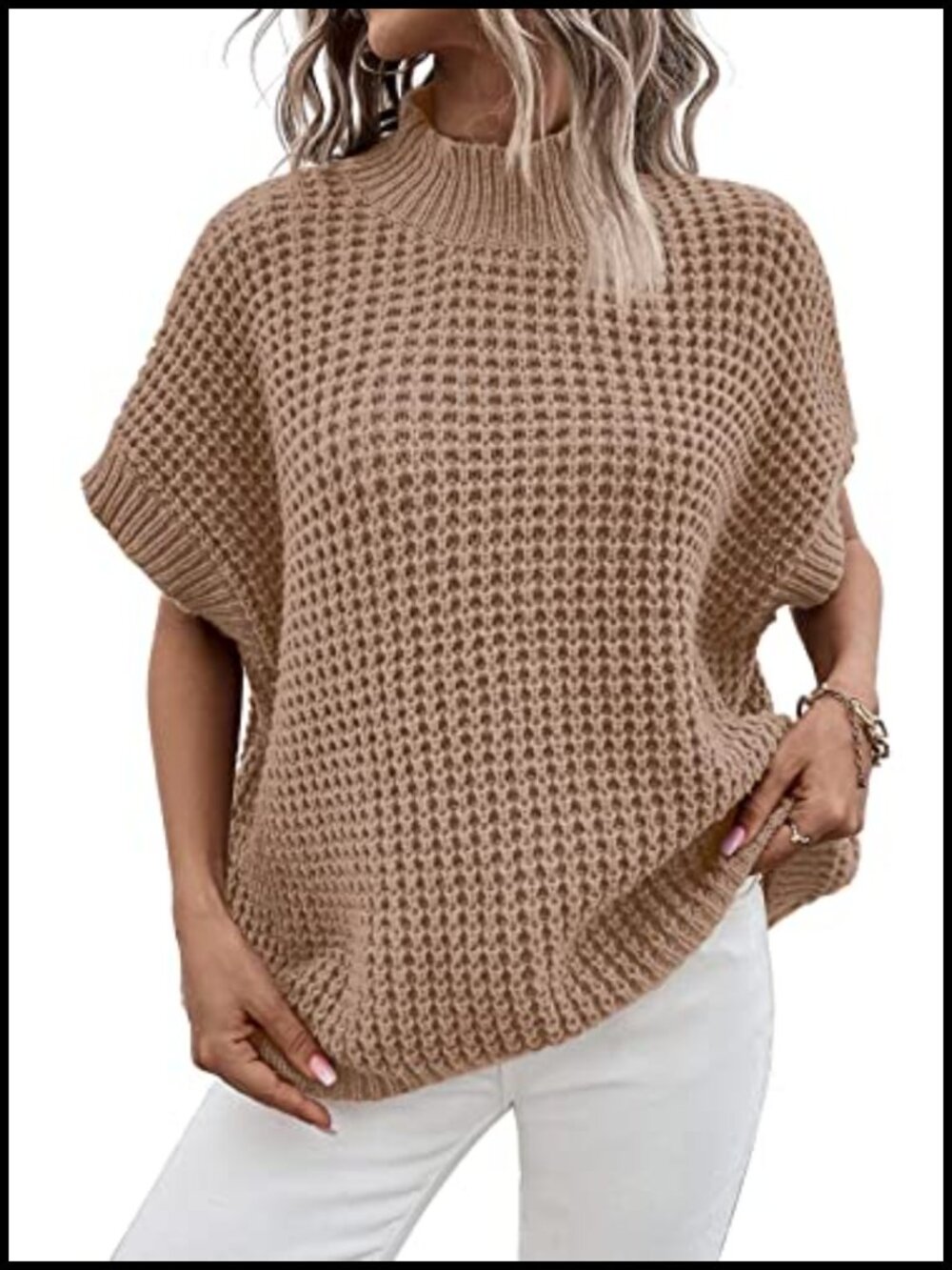 Oversized Sleeveless Knit Sweater Vest Mock Neck Pullover Batwing